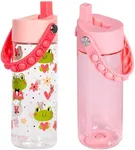 Elemental Leak Proof Water Bottles for Kids - Splash Kids Water Bottle for School with Pop-it Handle - Tritan Plastic Water Bottle with Straw - Fancy Frog Clear & Rose - 18oz (2 Pack)