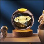 Finaxo 3D Planet Crystal Ball | Crystal Planet Laser Engraved Solar System Astronomy | Sphere Table Decor Crafts with USB Operated Wooden Stand for Home Decor, Valentine's Day, Birthdays 60mm