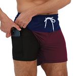 Arcweg Men's Swim Trunks Shorts with Compression Liner 2 in 1 Quick Dry Swimming Shorts with Boxer Brief Lined Surfing Stretchy Beach Shorts with Zipper Pockets Dark Blue+Wine Red L(UK)