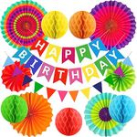 Rainbow Reusable Birthday Decorations Women/Kids Birthday Party Decorations Colorful Birthday Banner Birthday Bunting Honeycomb Birthday Decorations Paper Lanterns Birthday Decorations Paper Fans