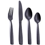 Matte Black 24 Pcs Silverware Flatware Set of 6, FULLYWARE Stainless Steel Hammered Tableware Cutlery Set, Includes Fork Spoon Knife for Home Kitchens, Dishwasher Safe