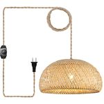 Bamboo Large Plug in Pendant Light with 14ft Handmade Woven Light Cord, Dimmable Switch, Boho Basket Hanging Lamp for Bedroom Kitchen Island Farmhouse Dining Room Living Room,17.8 inch Width