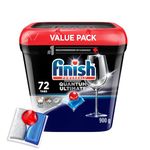 Finish Quantum Ultimate Dishwasher Detergent Pods, 3-Chamber Formula with Powerball, 2X Grease Fighting*, 24H Dried-On Stains, Deep Clean, Virtually Spotless Shine, No Pre-Rinse, 72 Tabs