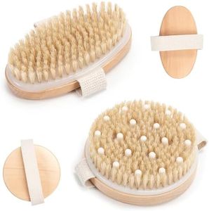 2 Pack Dry Brush, Dry Brushing Body Brush for Lymphatic Drainage & Cellulite, Natural Bristle Exfoliating Body Brush with Massage Nodes for Improve Blood Circulation Soft & Smooth Skin (1 Oval+1 Round)