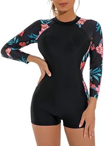 ABOCIW Womens Boyleg One Piece Rashguard Long Sleeve Swimsuit Floral Print Surfing Bathing Suit UPF 50+ Athletic Swimwear, Red, Medium