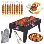 Geico-master Folding Portable Outdoor Barbeque Charcoal BBQ Grill Oven Black with 8 Wooden Handle Skewers, 44 Cmx26 Cmx8 Cm -Black, Free Standing