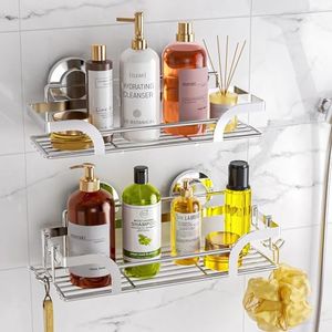 LEVERLOC Shower Caddy Suction Cup, 2 Pack Shower Shelves for Inside Shower, Silver Metal Shower Stroage NO-Drilling Bathroom Shower Organizer, Heavy Duty Shower Holder