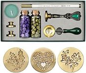 Romantics Wax Seal Stamp Kit Christmas Sealing Wax Beads Set Gift Box, 3 Wax Stamp Brass Heads with Retro handle, Spoon and Pen for Envelopes Letters Wedding Invitations FestivalCards Gift#Heart/Plant