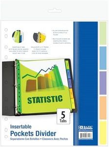 BAZIC Products Binder Dividers w/Pockets & 5 Insertable Color Tabs, 11 Hole Punch Plastic Index Divider with Tab for 3 Ring Binders (5/Pack), 24-Packs