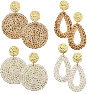 AIDSOTOU Rattan Earrings for Women Lightweight Geometric Statement Earrings Handmade Straw Wicker Braid Teardrop Hoop Drop Dangle Earrings 4 Pairs (Style-4)