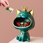 Key Bowl for Entryway Table, Lucky Cat Statue Candy Dish for Office Desk Art Home Decor (A - Green)