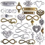 50 Pieces Mixed Word Letter Charms Connectors Tibetan Alloy Infinity Symbol Love Heart Pendant Links for DIY Necklace Bracelet Jewelry Making Findings, 2 Colors