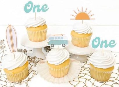 The Big One Cupcake Toppers - Retro Surfer Theme First Birthday Decor Set of 12pcs,Ocean Themed Cupcake Tops Surf Board Sun Retro Van Big One,1st Birthday Party Decorations,Photo Props for Summer