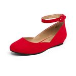 DREAM PAIRS Women's Ballet Flats Pumps Ballerina Ankle Strap Elastic Low Wedge Sandals Round Toe Comfy Dolly Shoes,Size 7,Red/Suede,REVONA