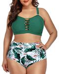 Daci Women Plus Size Two Piece Bikini Swimsuit High Waisted Tummy Control Bottom Bandeau Lace Up Bathing Suit, Green, XX-Large