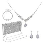 Invalidism 4 Pcs Bridal Wedding Jewelry Set Silver Jewelry Set for Women Evening Rhinestone Jewelry Set Bling Necklace Earrings Bracelets Set for Wedding