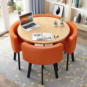 WOOOFA Round Dining Table Set for 4, Faux Marble Conference Table and Chairs Set, Kitchen Table Chairs Set with Strong Metal Frame, Space-Saving, Office Table and Chair Set for Home and Apartment