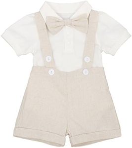 Baby Boys Formal Suit Cake Smash Outfit 1st/2nd Birthday Party Romper Shirt + Suspenders Shorts Bib pants + Bowtie 3Pcs Set Summer Wedding Baptism Christening Clothes for Photo Shoot Khaki 6-12M