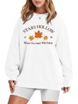 MYHALF Stars Hollow Sweatshirt Women Leaf Graphic Long Sleeve Shirt Fall Vacation Crewneck Drop Shoulder Pullover Tops, White, Large