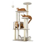 FEANDREA WoodyWonders Cat Tree, 165 cm Modern Cat Tower, Cat Condo with 5 Scratching Posts, Washable Removable Cushions, Perch, Cat Cave, Cat Furniture for Indoor Cats, Greige PCT166G01