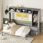 Merax Queen Size Murphy Bed with Closet and Drawers, Space Saving Wall Bed Cabinet with Storage Shelves, Foldable Bed Frame for Guest Room, Home Office, Apartment, Gray