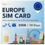 travSIM Europe SIM Card | 25GB Data with 4G/5G speeds | Use Europe SIM Card in UK & 30+ EU Countries | Plan on SIM Card for Europe is Valid for 30 Days