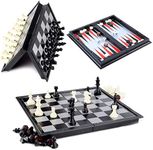 Hoshin Chess / Checkers / Backgammon 3 in 1 Set, Portable Folding Travel Magnetic Chess Board for Kids, 9.8 x 9.8 x 0.8 Inch