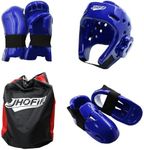 JHOFIF Martial Arts Karate Protective Sparring Gear Package Deal/Gift Adjustable Adults & Kids Headgear, UZJ Gloves & Kicks for MMA, Taekwondo, Boxing Training (Blue, Large)