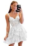 Off Shoulder Sequin Homecoming Dresses Tiered Lace Short A Line Prom Dress for Teens Sparkly Cocktail Party Gowns, White, 26 Plus