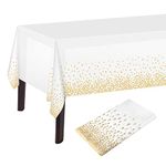 PLULON White and Gold Dot Tablecloth White and Gold Table Cover 137 x 274cm Plastic Rectangle Table Cover for White and Gold Party Birthday Table Decorations