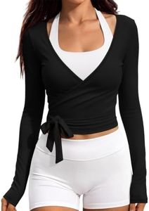 EFAN Womens Pilates Wrap Tops Long Sleeve Workout Tie Shirt, Black, L