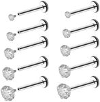 Pierstyles 16G 18G Internally Threaded 2/3/4/5/6MM Labret Surgical Steel Clear CZ Stud Piercing Jewelry for Conch, Helix, Tragus, Earlobe, Medusa, Lip - Silver Nose Ring Studs Flat Back Screw On for