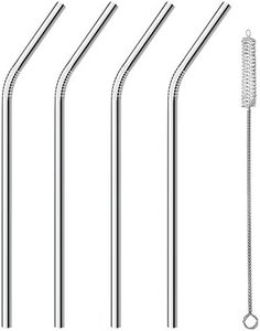 (Wide Bent) - Stainless Steel Smoothie Straws, 9" X 8 mm Wide Reusable Bent Metal Straws, Set of 4 with Cleaning Brush