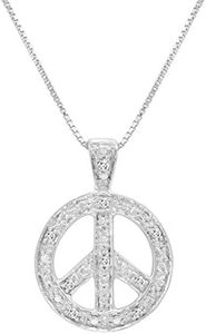 Diamond Peace Sign Pendant-Necklace in Sterling Silver on an 18in Box Chain