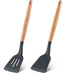 FS COOL 2 Pieces Set Silicone Slotted Turner Silicone Spatula with Wooden Handle, Kitchen Spatula Heat Resistant Non-Stick Cooking Utensils for Fish, Cookies, Eggs, Pancakes (Black)