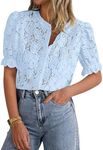 PRETTYGARDEN Womens Summer Lace Tops Short Puff Sleeve Casual Dressy Blouses Eyelet Crew Neck Button Down Shirts (Light Blue,Small)