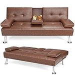 Giantex Modern Convertible Futon Sofa Bed, Faux Leather Upholstered Futon Sofa Sleeper w/Metal Leg, Removable Armrests, 2 Cup Holders, Backrest Adjustable, Folding Futon Sofa Bed for Apartment (Brown)