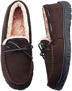 VLLy Mens Moccasin Slippers with Memory Foam Arch Support, Non Slip Rubber Sole House Shoes for Men Machine Washable Warm Fleece Lined Indoor Outdoor Home Shoes Darkbrown Size 14 US