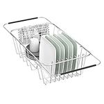 JAQ Small Dish Drying Rack in Sink Adjustable 14.96" to 20.59", Expandable 304 Stainless Steel Metal Dish Drainer Rack Organizer with Stainless Steel Utensil Holder Over Sink Counter (for 1-2 People)