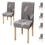 House of Quirk Polyester Elastic Stretch Removable Washable Short Dining Chair Protector Seat Slipcover - (6 Chair Cover, Grey Fern)