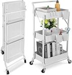 johgee Foldable 3 Tier Rolling Cart, Folding Metal Utility Cart, Mobile Multi-Function Storage Trolley Organizer Cart for Home Library Office(White 2)