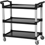 Service Cart Heavy Duty 3-Shelf Rolling Utility/Push Cart with Lockable Wheels, 360 lbs. Capacity, Black, for Foodservice/Restaurant/Cleaning