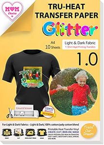 TransOurDream Glitter 1.0 Iron on Heat Transfer Paper for T Shirts (10 Sheets, A4) Printable Heat Transfer Vinyl for Inkjet Printer Iron-on Transfers Paper for Light and Dark Fabric (AU-10-10)
