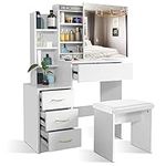 Blisswood Dressing Table With Mirror and Stool, Vanity Makeup Table, 4 Drawer 3 Shelves Storage Unit Cosmetic Bedroom Dresser Make Up Desk Stool For Bedroom Furniture (White)