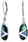 Boho Rainbow Iridescent Abalone Shell Inlay Oval Shaped Long Teardrop Dangle Earrings For Women .925 Sterling Silver Lever Back