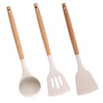 Zollyss Non-Stick Silicone Cooking Utensils Set with Natural Acacia Hard Wood Handle,High Heat Resistant (3 Pc Set, Cream)