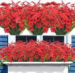 Dremisland 10 Bundles Artificial Flowers, Outdoor Indoor UV Resistant Fake Flowers No Fade Faux Plastic Plants Greenery Shrubs Garden Porch Window Box Farmhouse Decoration (Deep Red)