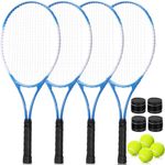 VercanMonth 4 Pack Tennis Rackets for Adults Recreational 4 Players Pre Strung 27 Inch Tennis Racquets Lightweight Tennis Rackets Bulk with 4 Tennis Balls 4 Overgrips for Tennis Training (Blue)