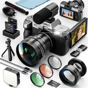 8K 64MP Digital Cameras for Photography,16X Zoom,3 Color Filters,Dual-Lens | 180°Flip Screen,WiFi,Microphone, Tripod, Wide & Macro Lens Kit,2 Batteries, 32GB TF Card,Vlogging and Travel,Beginners
