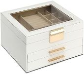 Jewelry Box with Glass Lid, 3 Layers Jewelry Organizer, 2 Drawers, Large Storage Space, Modern, Wonderful Gift, White